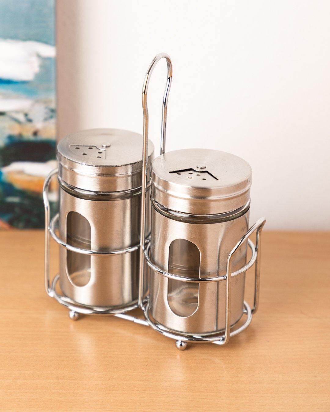 Salt & Pepper Set, Silver, Glass & Stainless Steel, Set of 2, 100 mL - MARKET 99