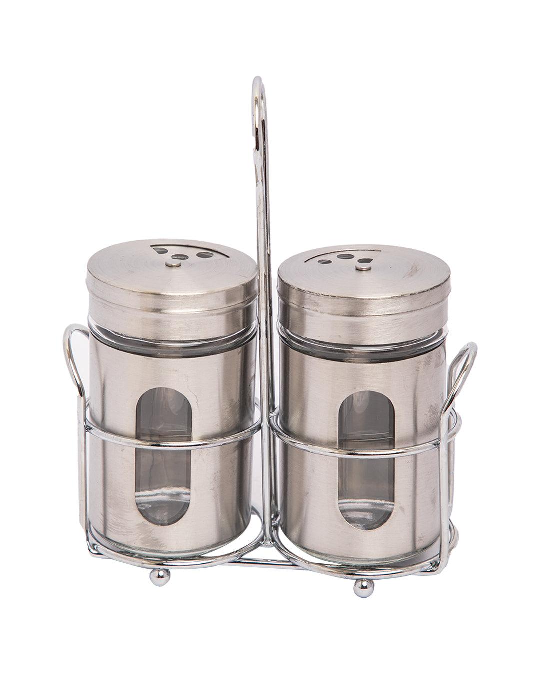 Salt & Pepper Set, Silver, Glass & Stainless Steel, Set of 2, 100 mL - MARKET 99