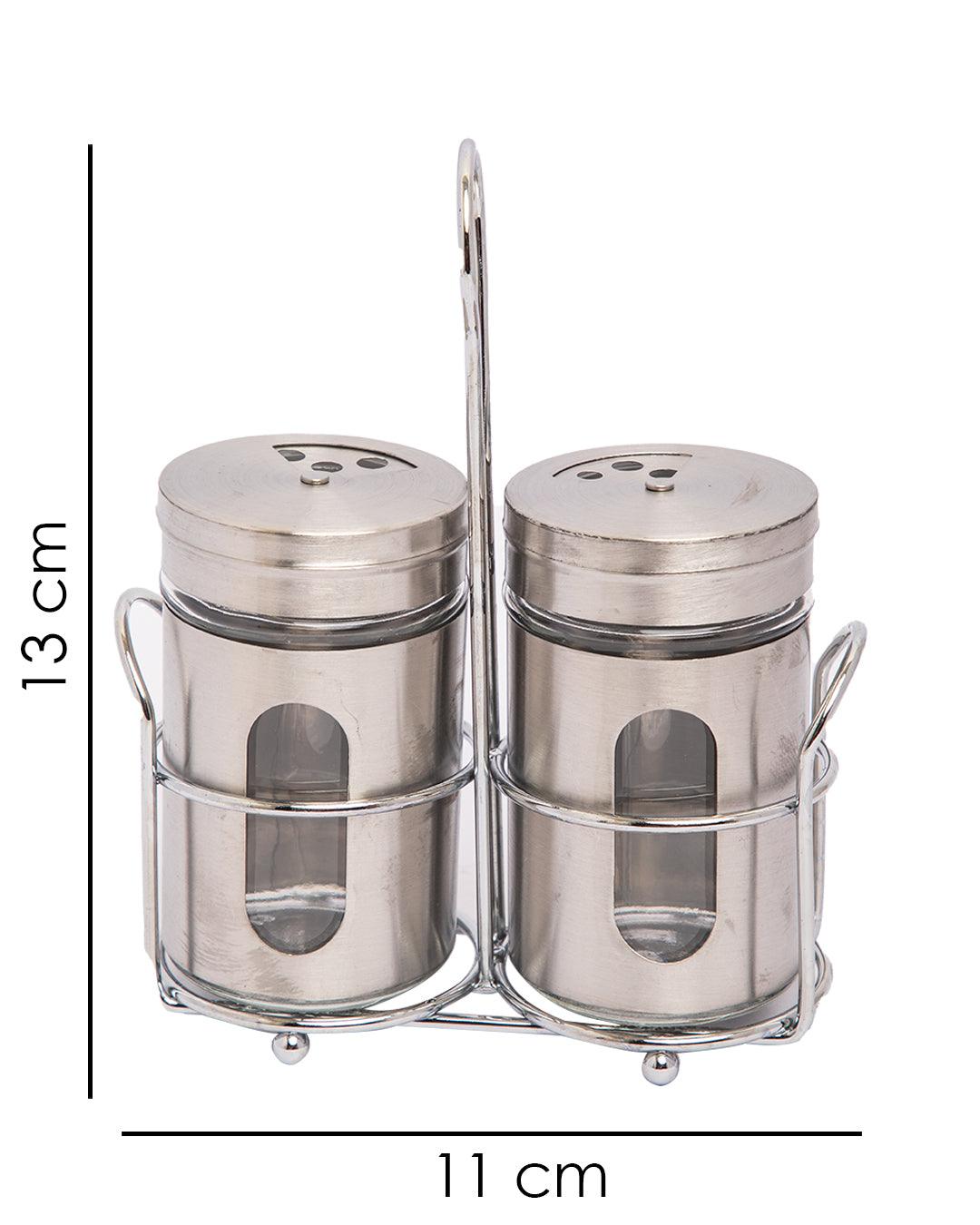 Salt & Pepper Set, Silver, Glass & Stainless Steel, Set of 2, 100 mL - MARKET 99