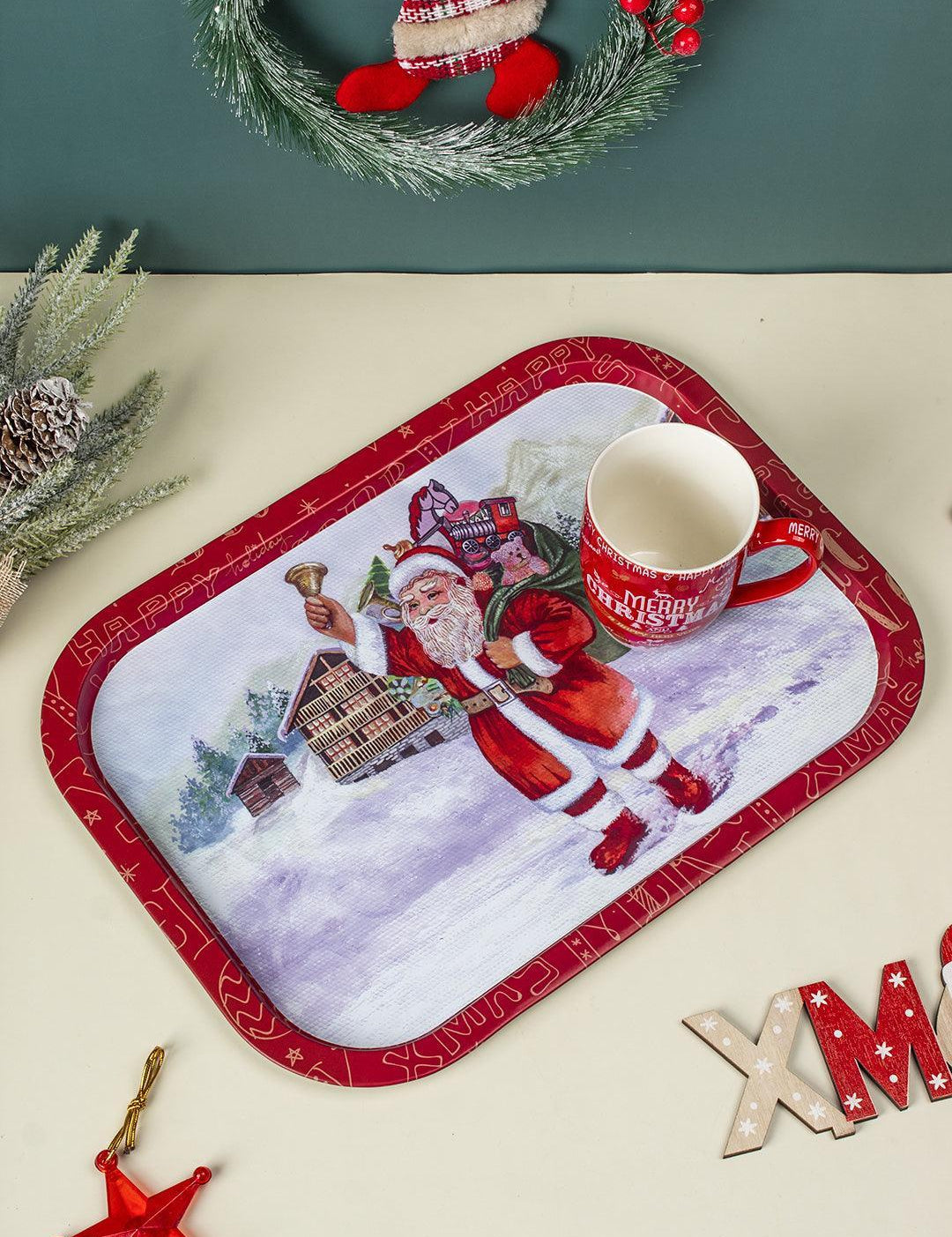 Santa Claus With Gifts & Bell Print - Metal Christmas Tray - MARKET 99