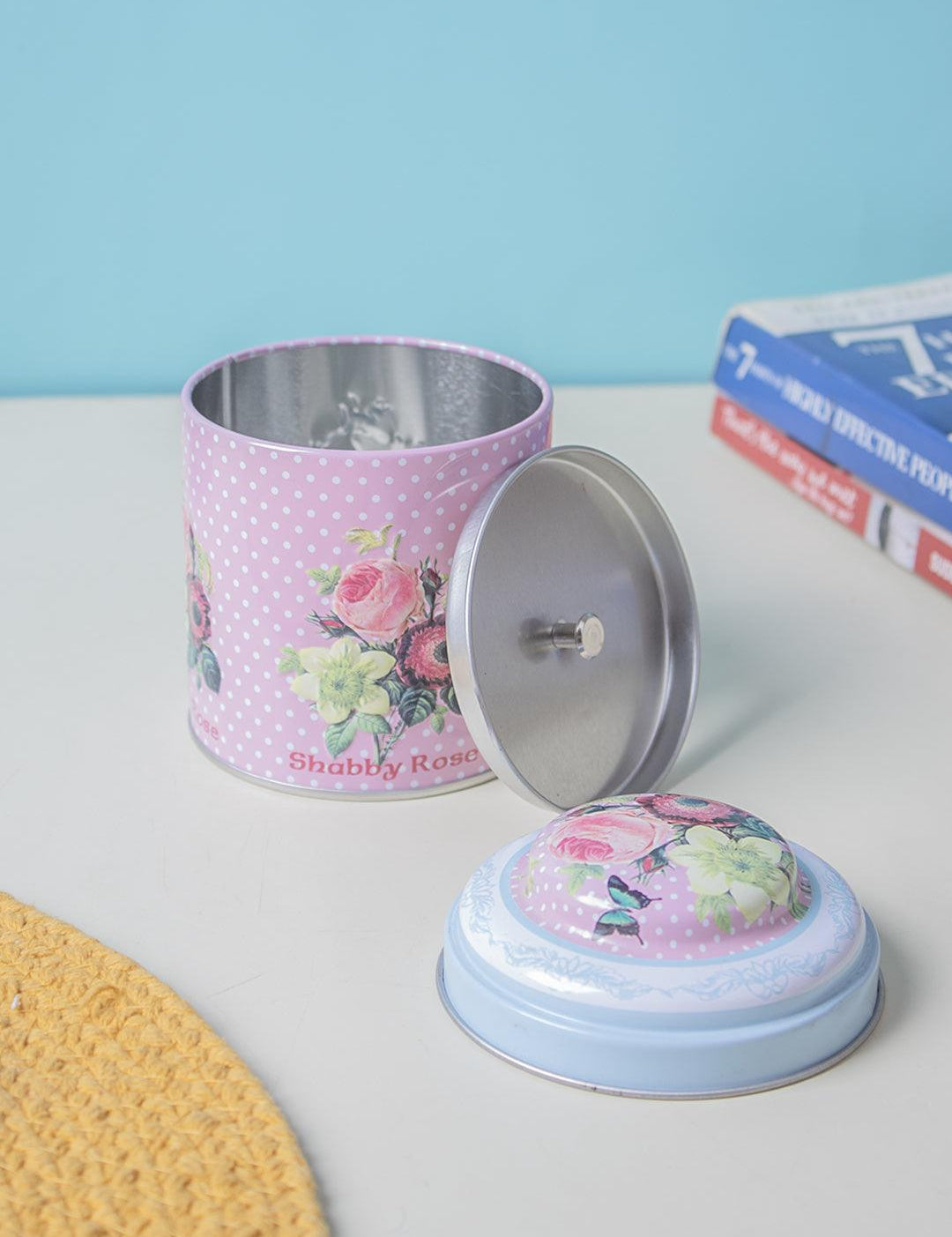 "Shabby Rose" Floral Prints Metal Canister With Lid - Baby Pink