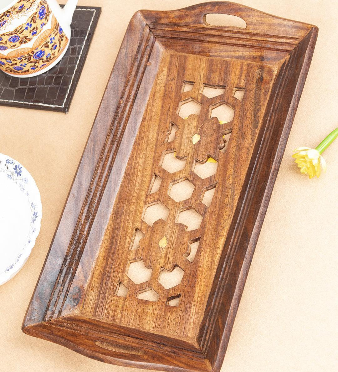 Sheesham Wood Handcrafts Coffee Serving Tray with Handles