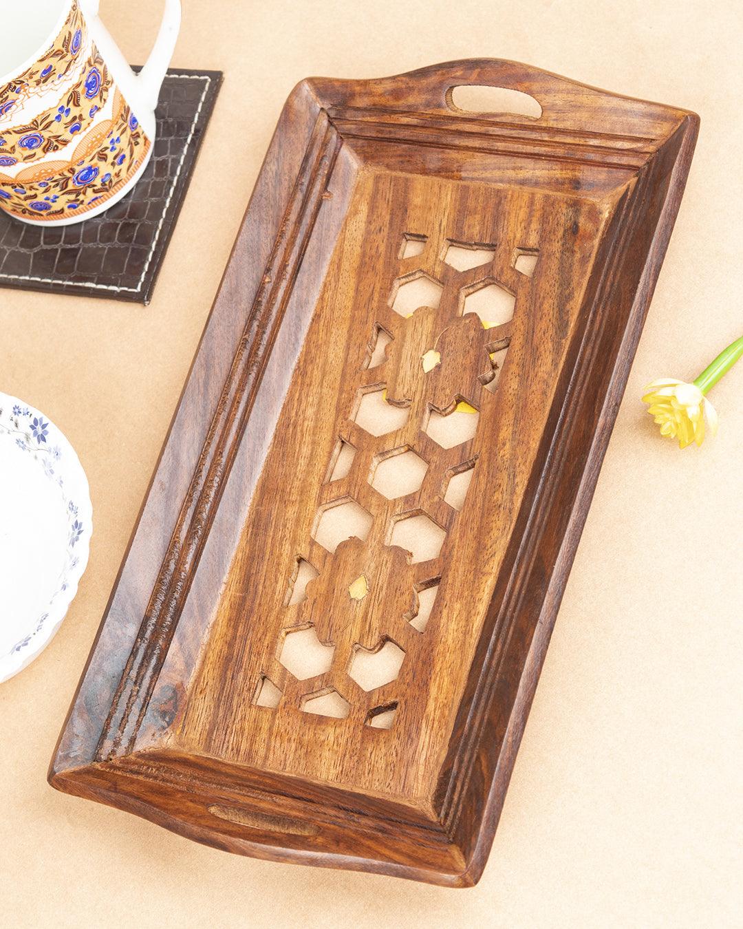 Sheesham Wood Handcrafts Coffee Serving Tray with Handles