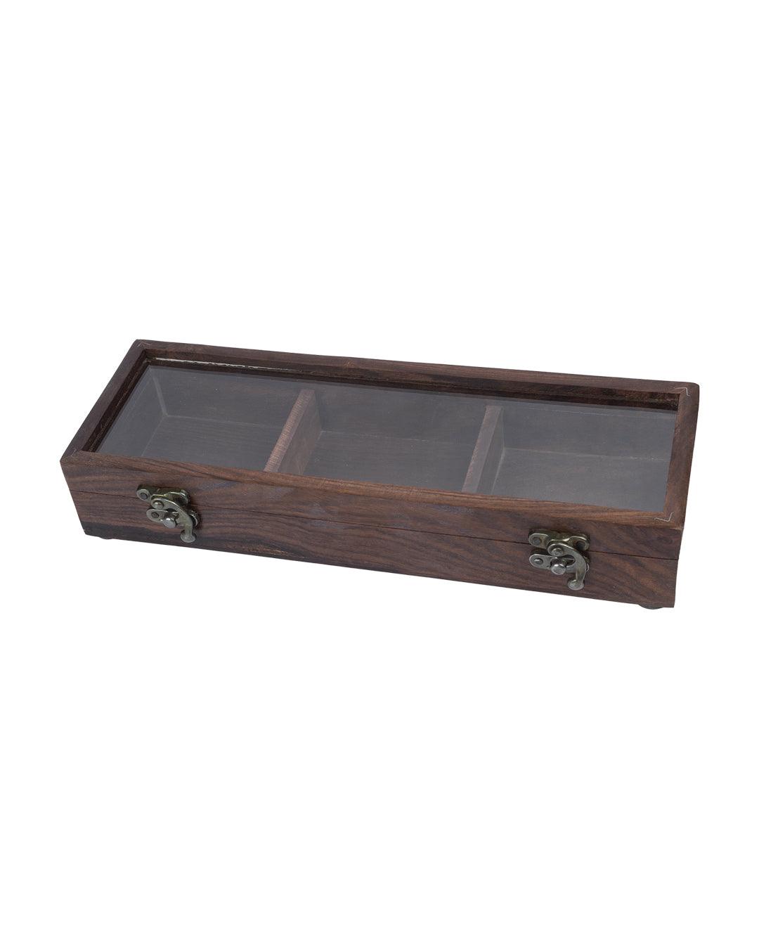 Sheesham Wood Rectangular Spice Box With Hand Carving (3 Compartments) - MARKET 99