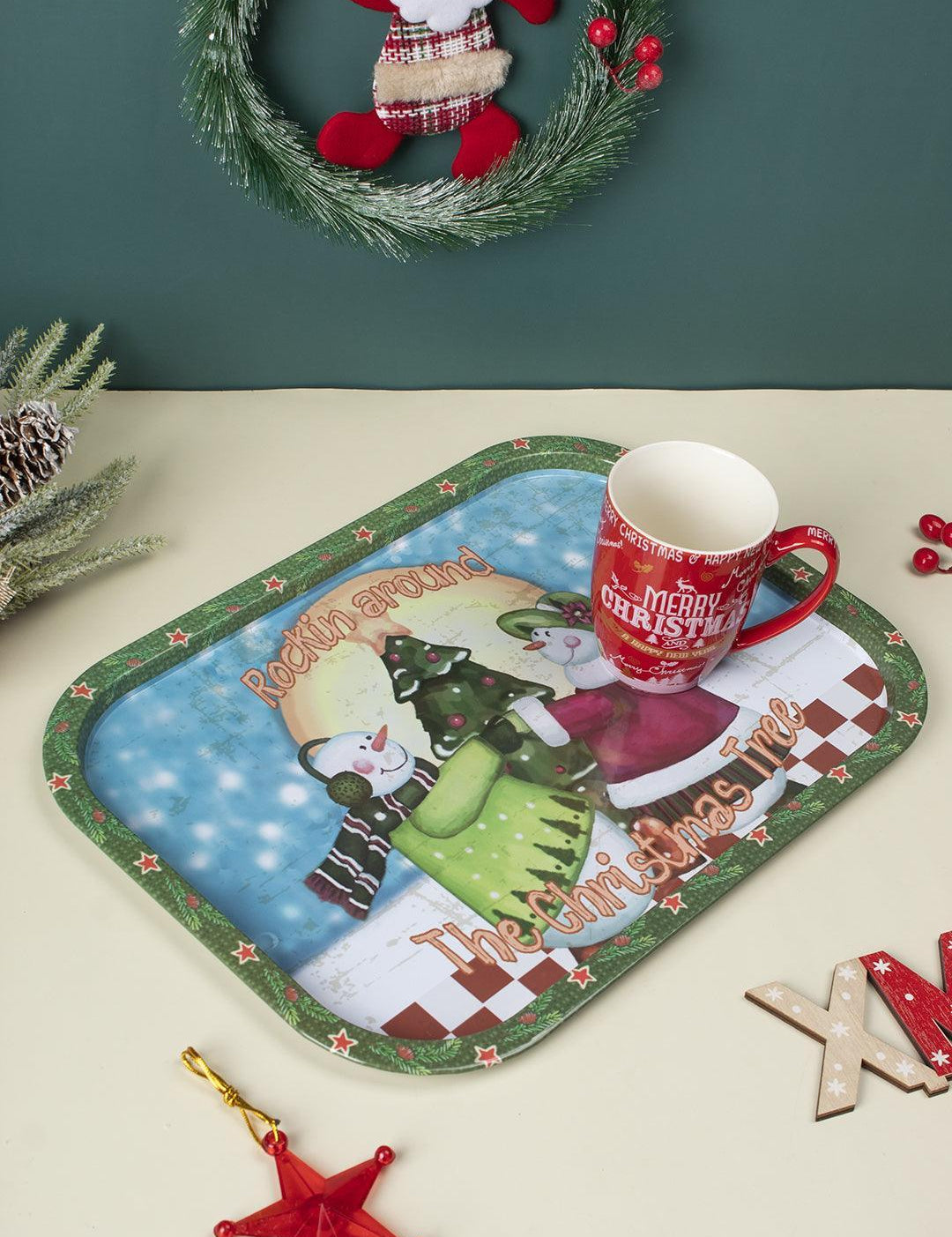 Snowman With Christmas Tree Print - Serving Christmas Metal Tray - MARKET 99