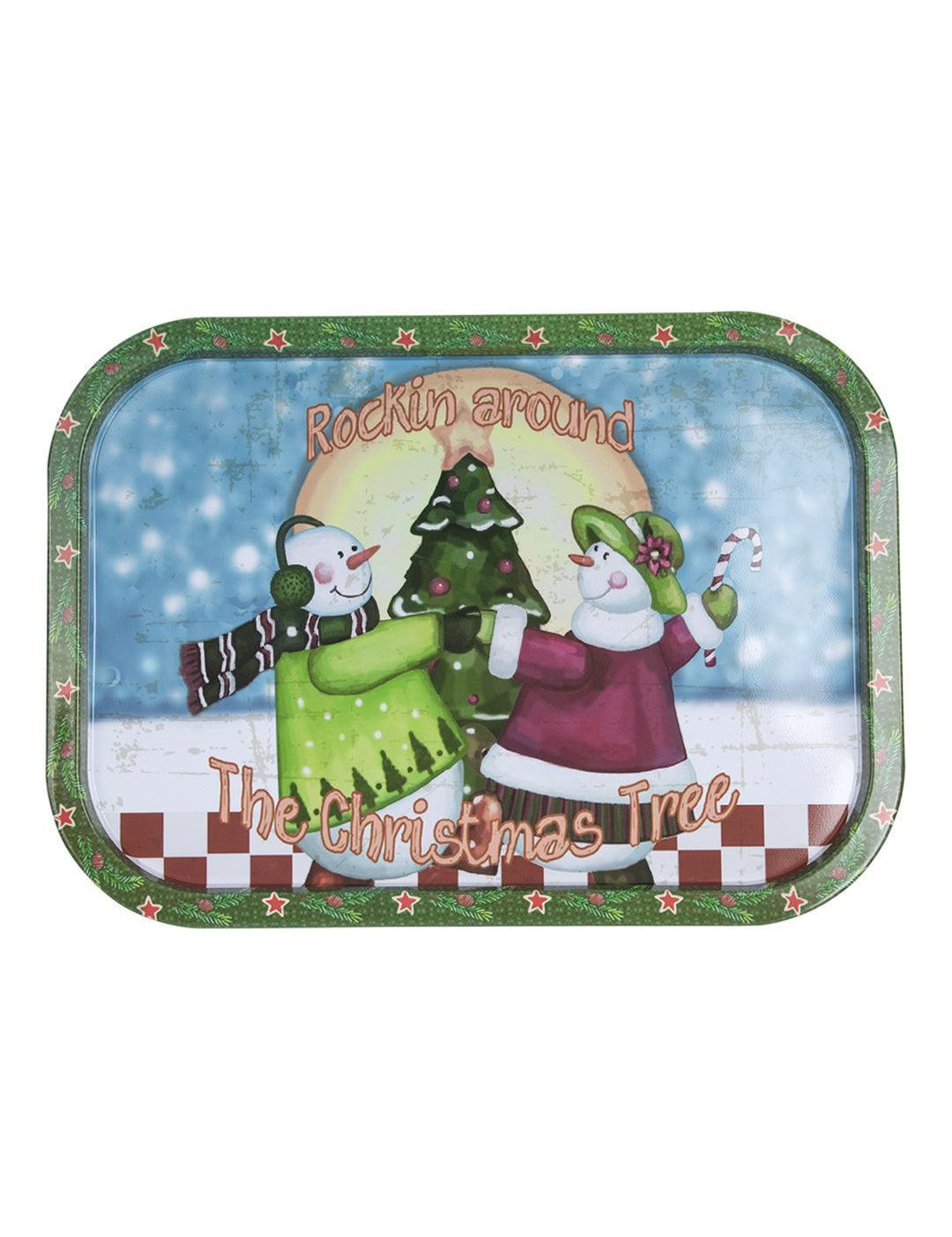 Snowman With Christmas Tree Print - Serving Christmas Metal Tray - MARKET 99