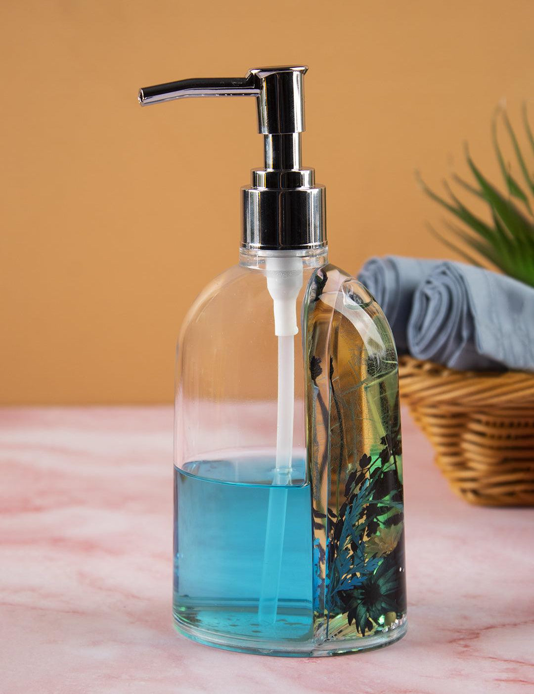 Soap Dispenser, Refillable & Reusable, Floral Design, Blue, Plastic, 250 mL - MARKET 99