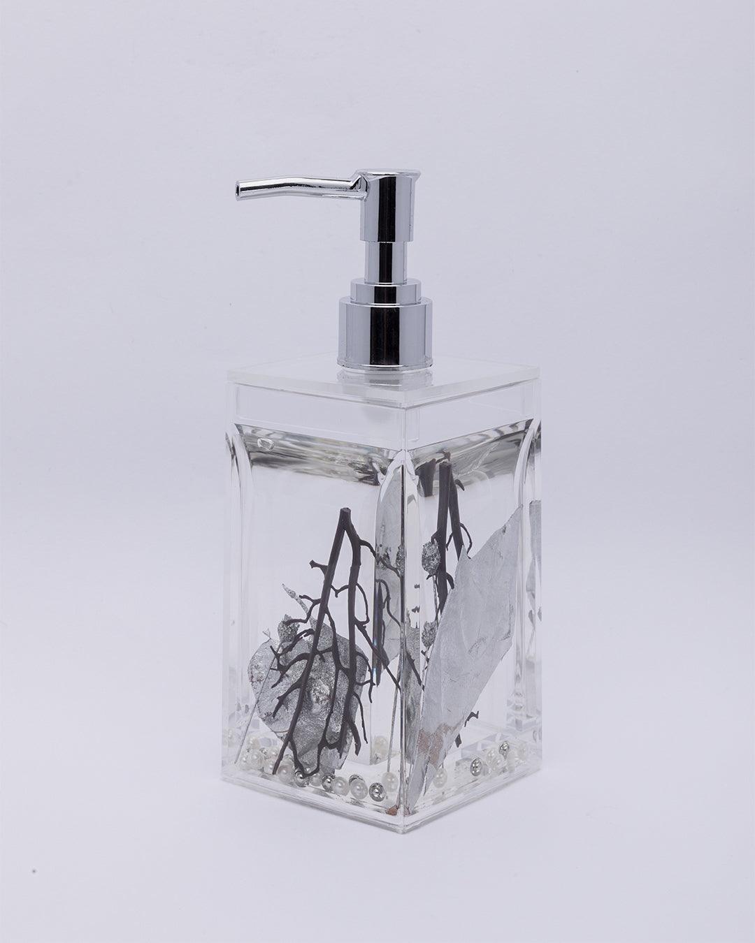 Soap Dispenser, Refillable & Reusable, Floral Design, Silver Colour, Plastic, 250 mL - MARKET 99