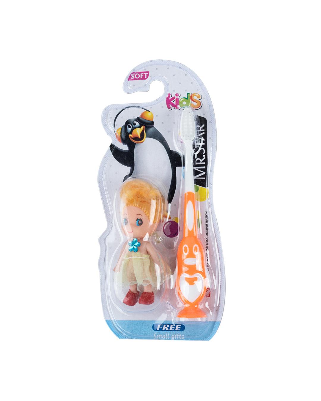 Soft Bristles Kid Compact Toothbrush with Doll Toy, Orange, Plastic - MARKET 99