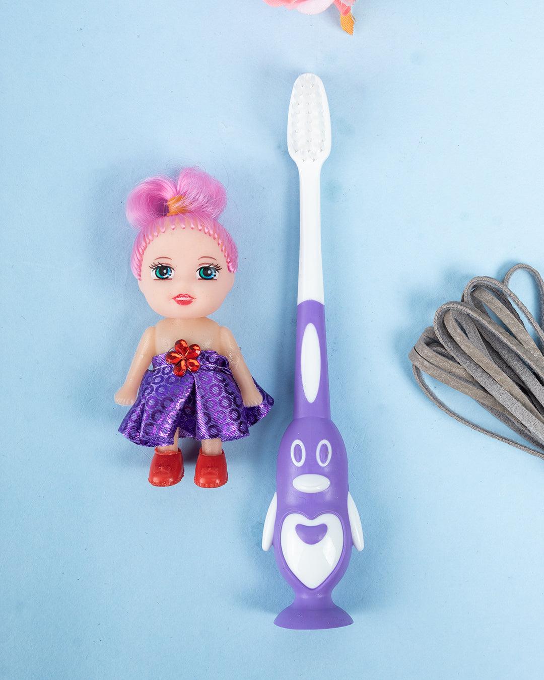 Soft Bristles Kid Compact Toothbrush with Doll Toy, Set, Violet, Plastic - MARKET 99