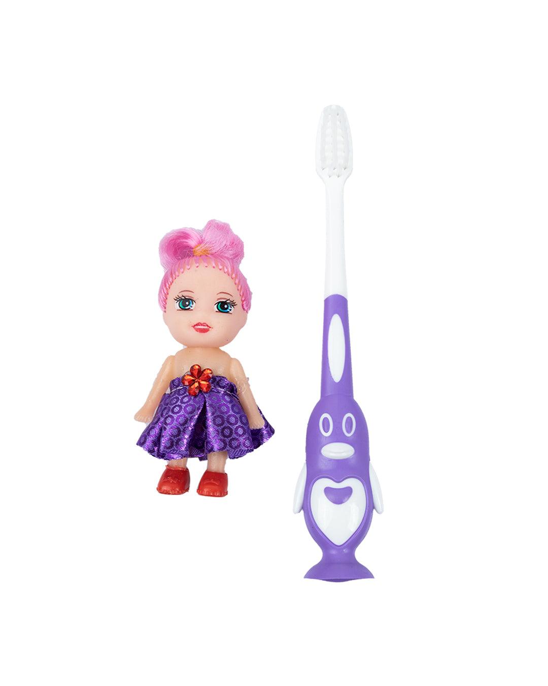 Soft Bristles Kid Compact Toothbrush with Doll Toy, Set, Violet, Plastic - MARKET 99