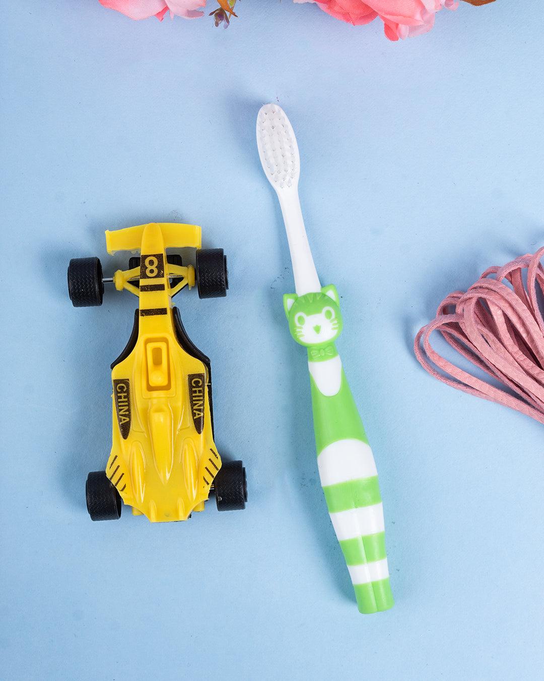 Soft Bristles Kid Compact Toothbrush with Toy Car, Green & Yellow, Plastic - MARKET 99