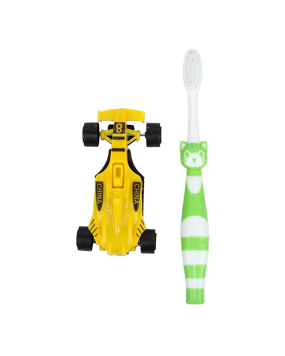 Soft Bristles Kid Compact Toothbrush with Toy Car, Green & Yellow, Plastic - MARKET 99