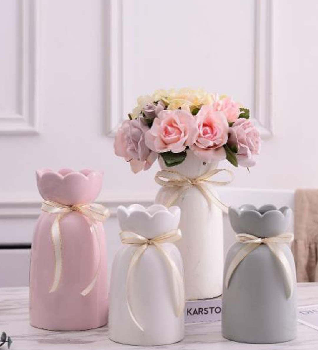 Solid Vase, Floral Shaped Mouth, Grey, Ceramic - MARKET 99