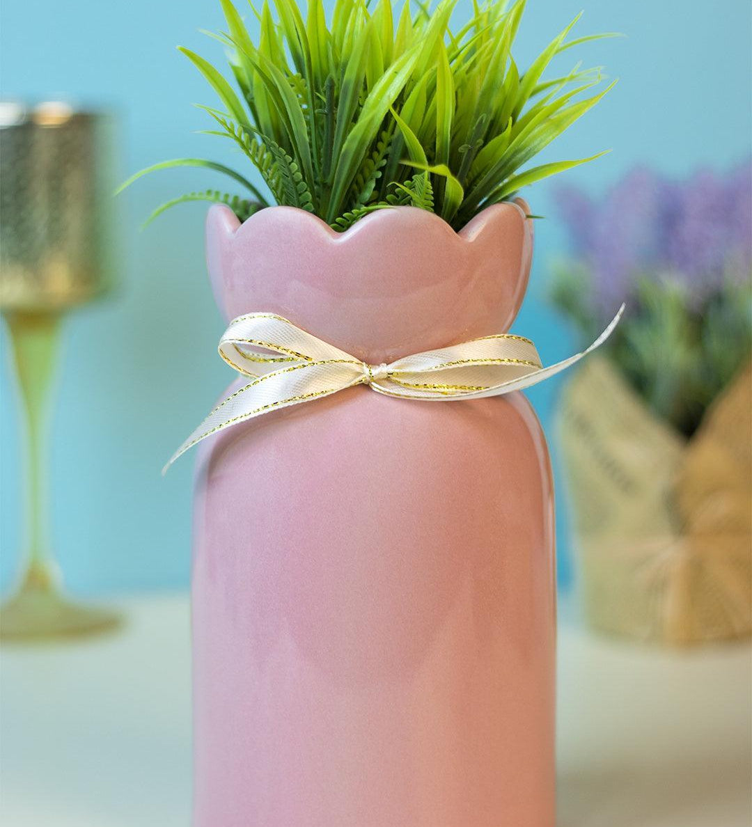 Solid Vase, Floral Shaped Mouth, Pink, Ceramic - MARKET 99