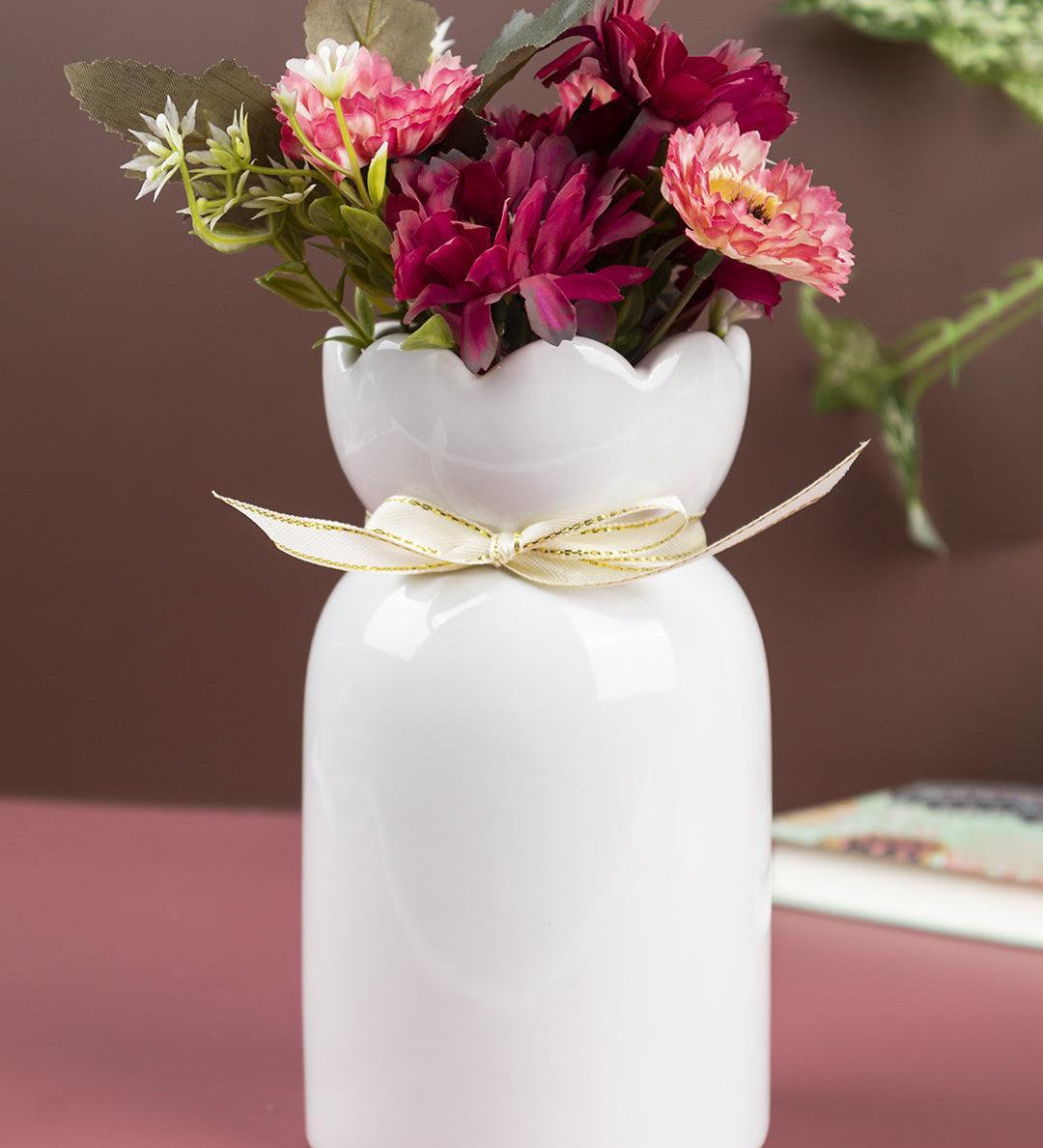 Solid Vase, Floral Shaped Mouth, White, Ceramic - MARKET 99