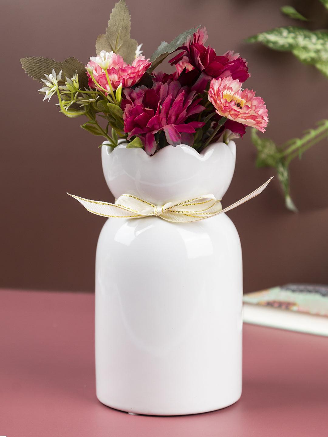 Solid Vase, Floral Shaped Mouth, White, Ceramic - MARKET 99