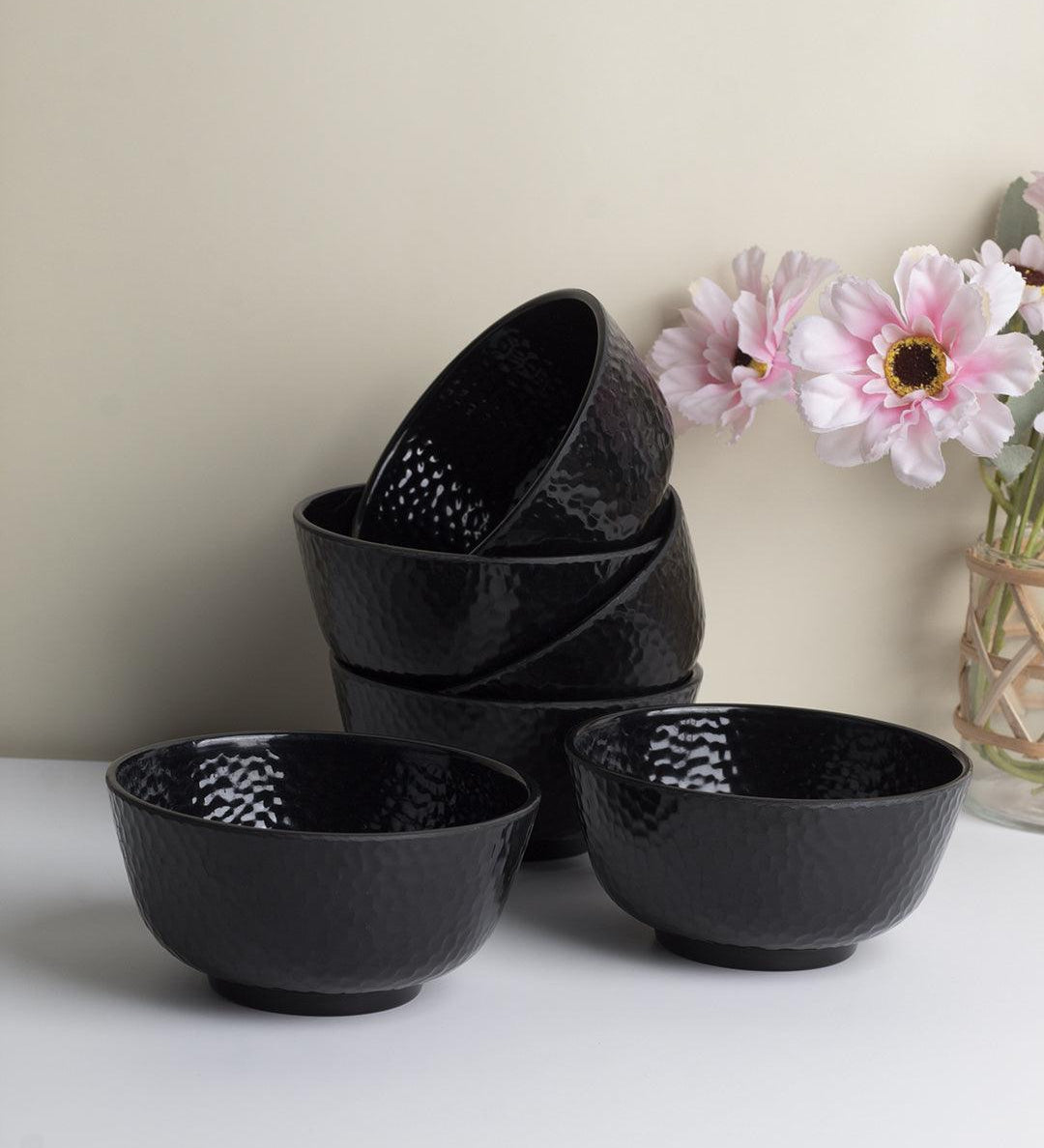 Soup Bowl, Hammered, Melamine, Black, Set of 6 - MARKET 99