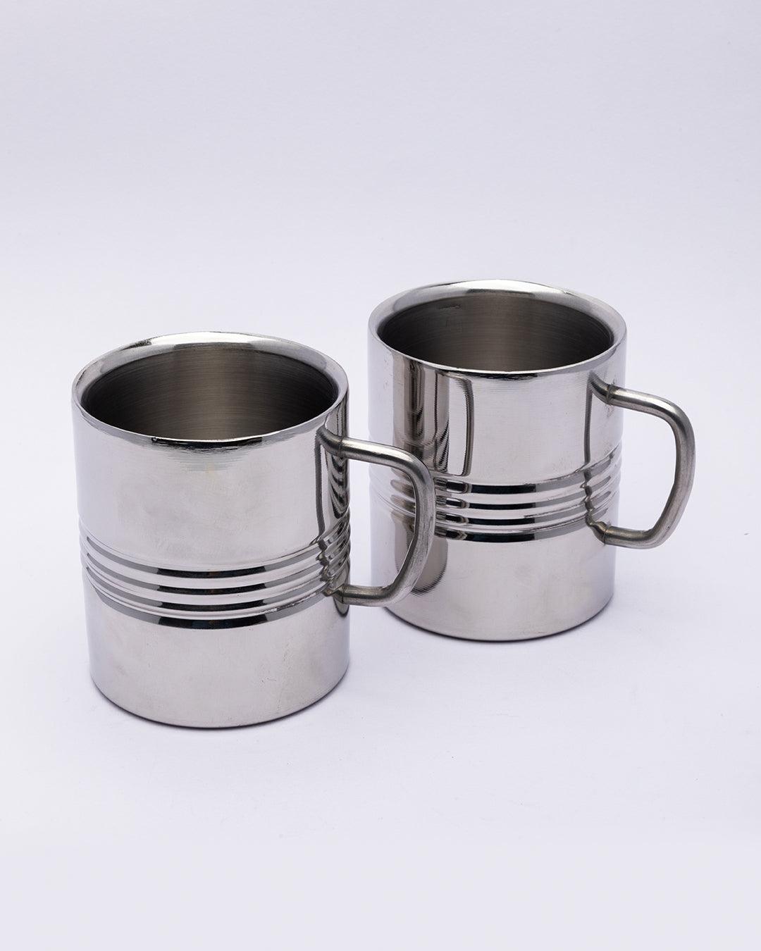 Stainless Steel Coffee Mugs, Wall Comfortable Wider Handle, Metal Coffee Mugs, Teacups, Silver, Stainless Steel, Set of 2, 300 mL - MARKET 99