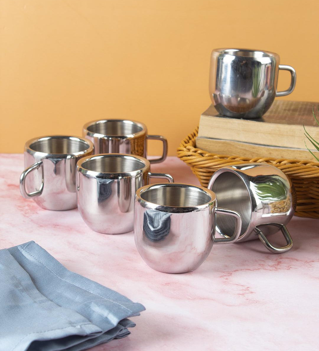 Stainless Steel Solid Tea & Coffee Mugs ( Set Of 6, 100 mL, Silver Colour) - MARKET 99