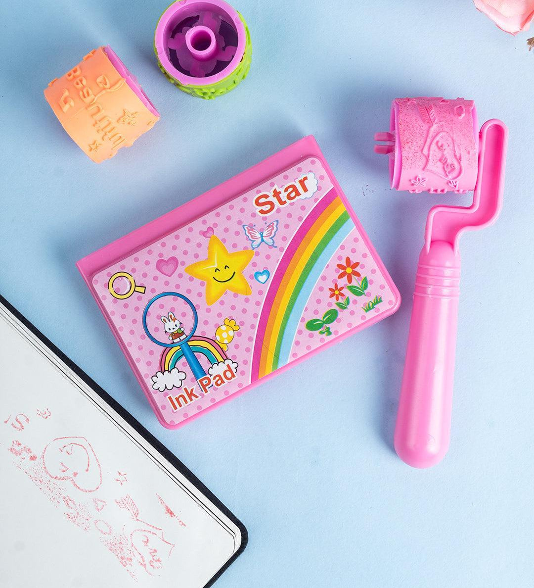 Stamp Roller Set, Stamps & Ink Pad, Pink, Plastic & TPR - MARKET 99