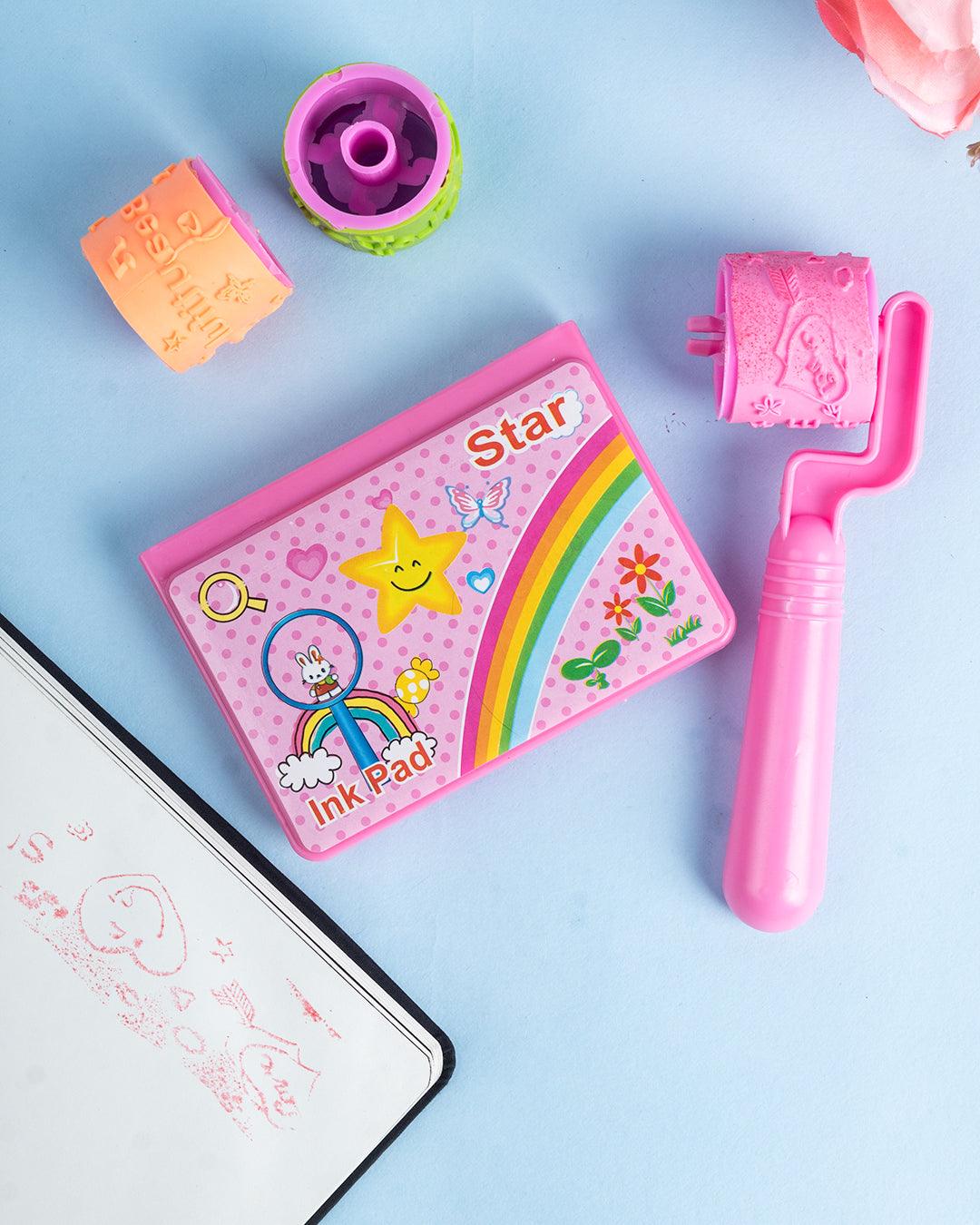 Stamp Roller Set, Stamps & Ink Pad, Pink, Plastic & TPR - MARKET 99