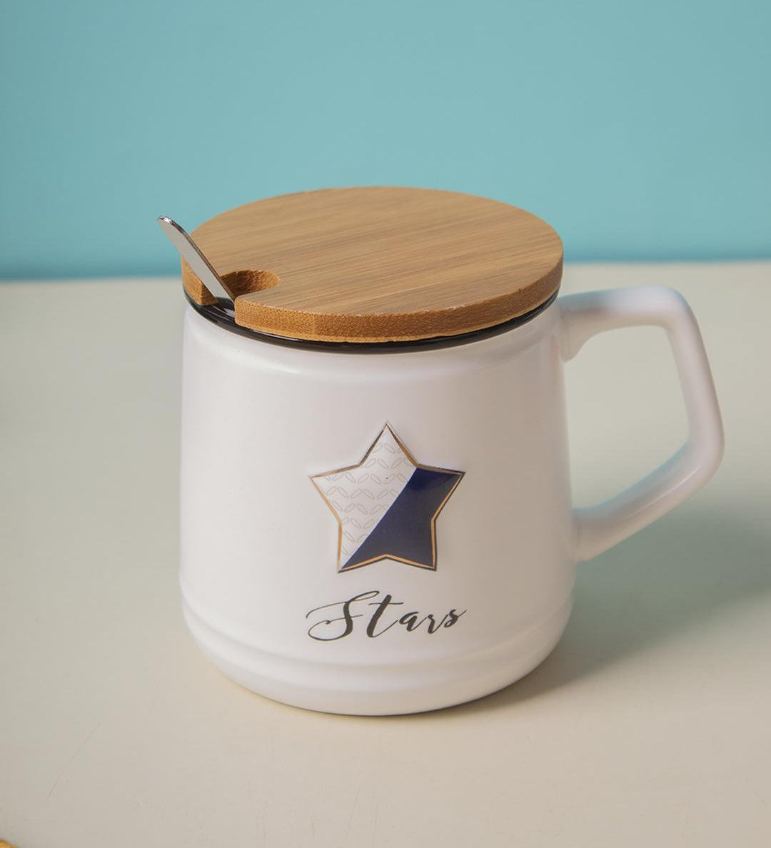 Star Ceramic Coffee Mug With Lid - 350 ml, Mixing Spoon