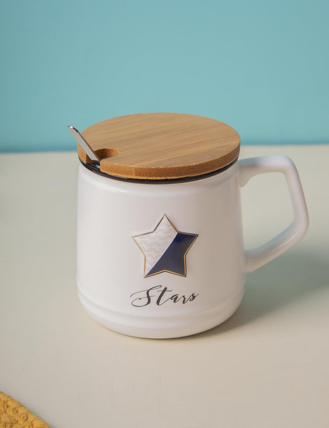 Star Ceramic Coffee Mug With Lid - 350 ml, Mixing Spoon