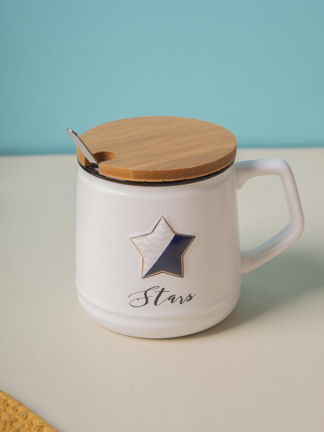 Star Ceramic Coffee Mug With Lid - 350 ml, Mixing Spoon