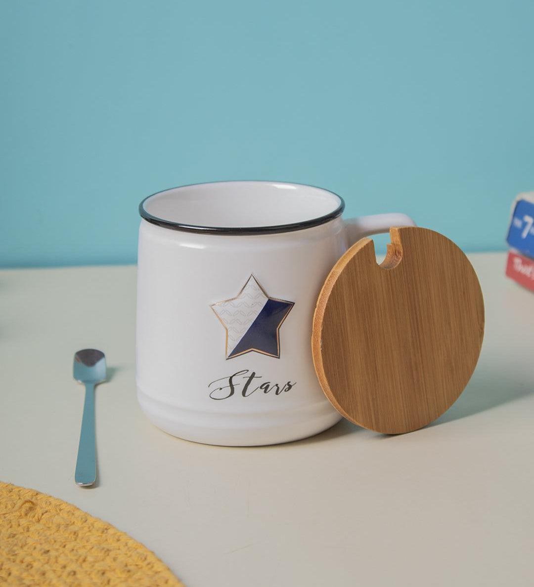 Star Ceramic Coffee Mug With Lid - 350 ml, Mixing Spoon