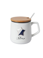 Star Ceramic Coffee Mug With Lid - 350 ml, Mixing Spoon