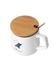 Star Ceramic Coffee Mug With Lid - 350 ml, Mixing Spoon