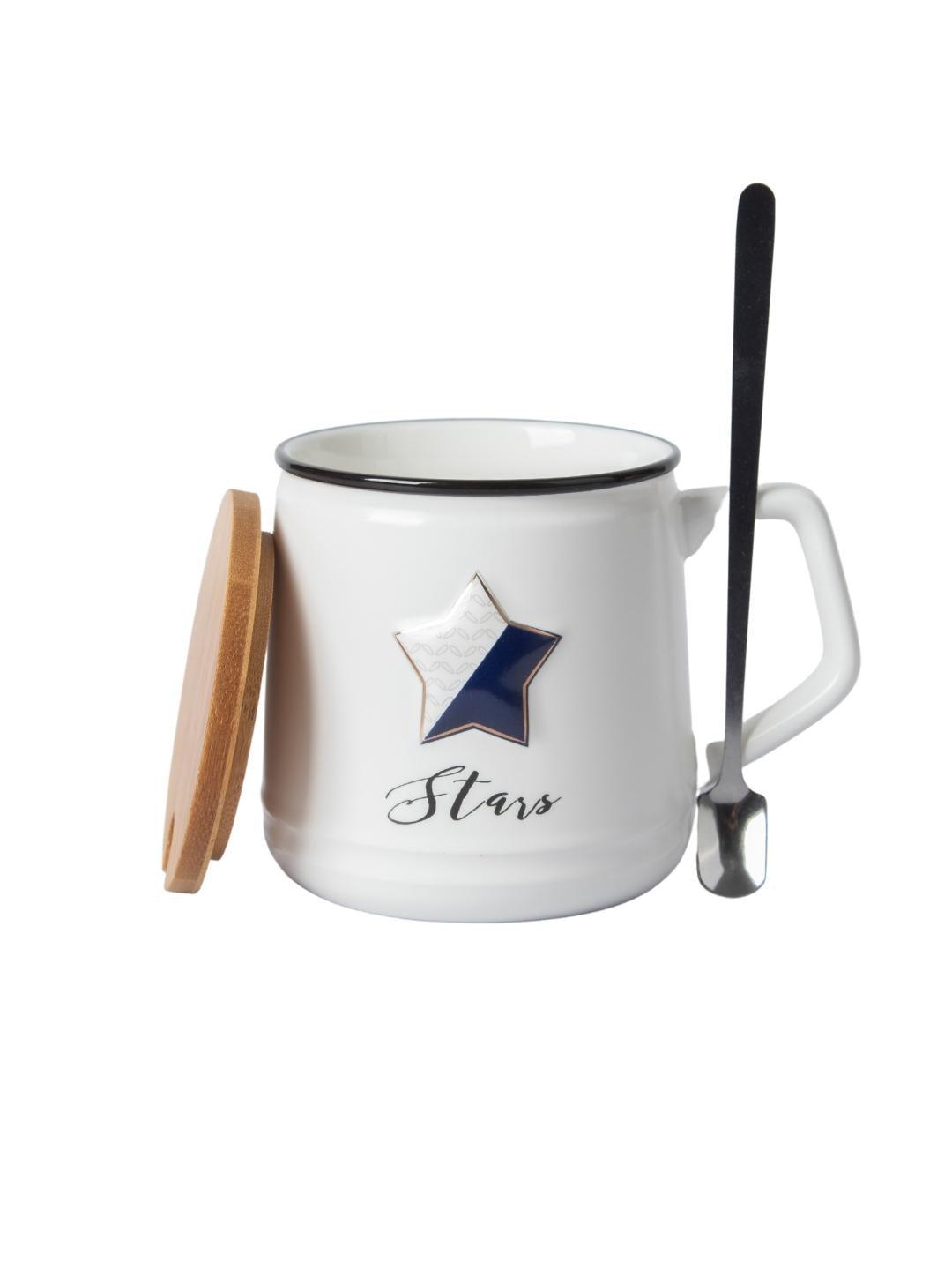 Star Ceramic Coffee Mug With Lid - 350 ml, Mixing Spoon