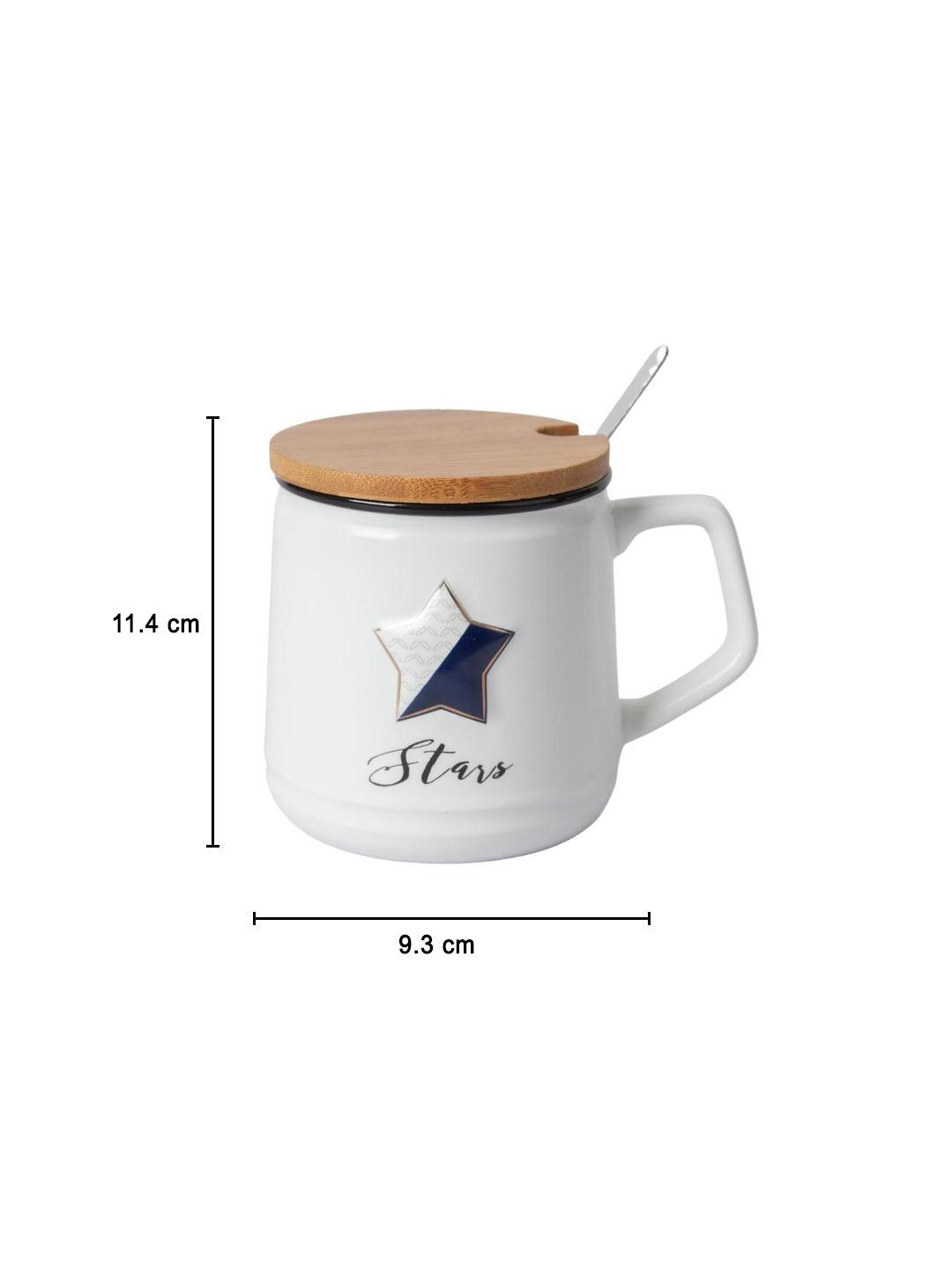 Star Ceramic Coffee Mug With Lid - 350 ml, Mixing Spoon
