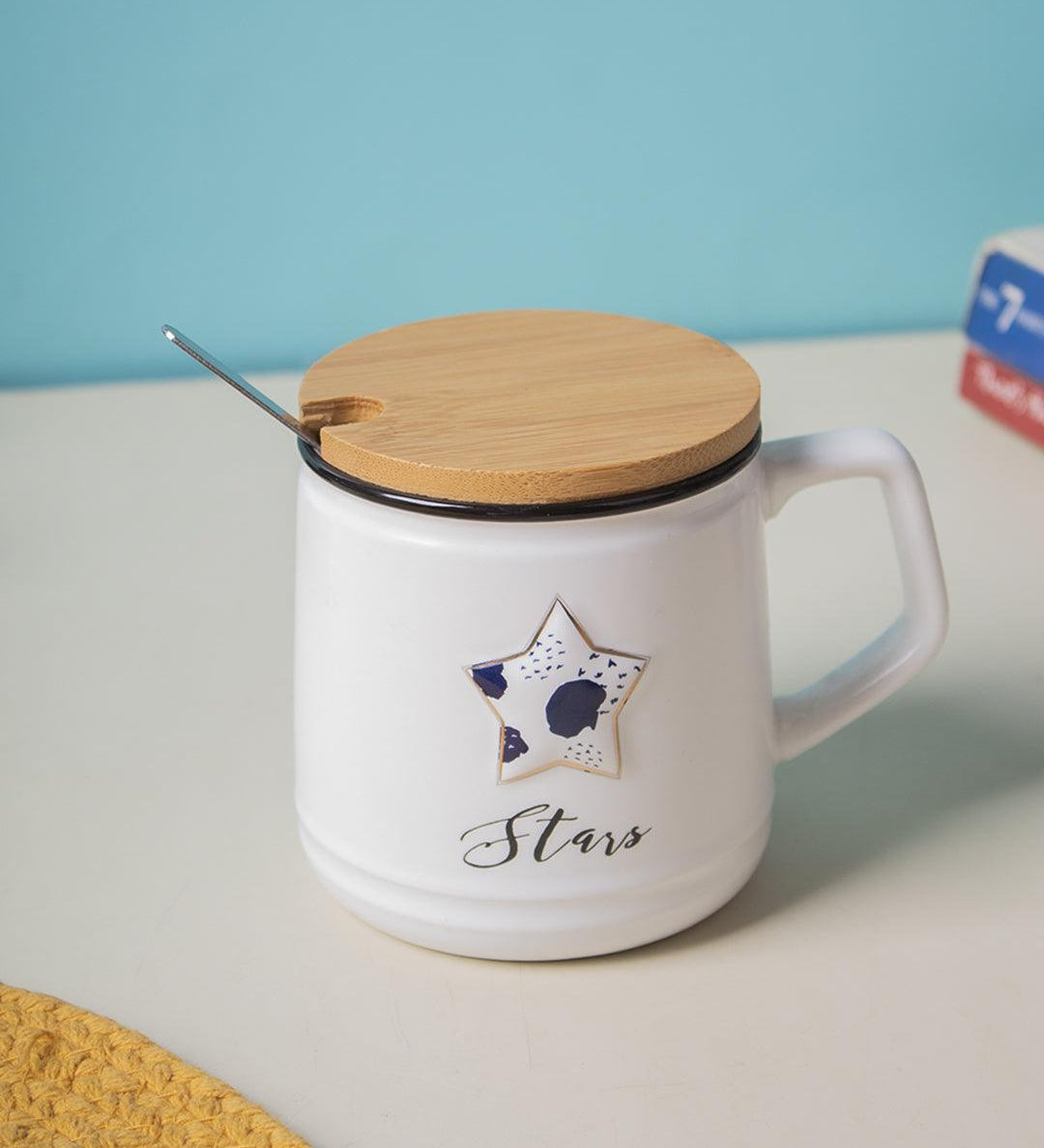 Star Ceramic Coffee Mug With Lid - 350 ml, Stirring Spoon