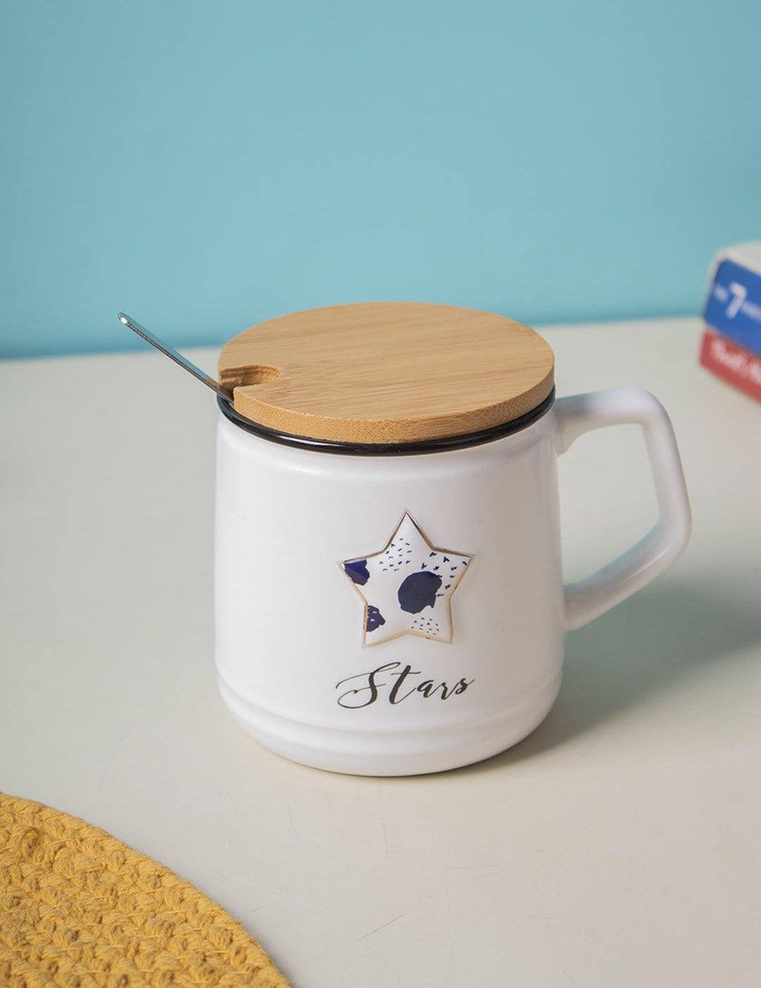 Star Ceramic Coffee Mug With Lid - 350 ml, Stirring Spoon