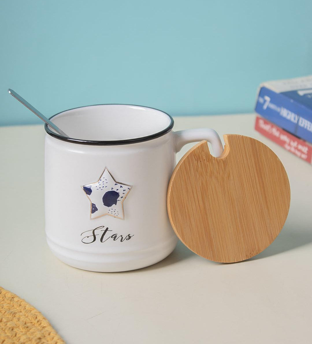 Star Ceramic Coffee Mug With Lid - 350 ml, Stirring Spoon
