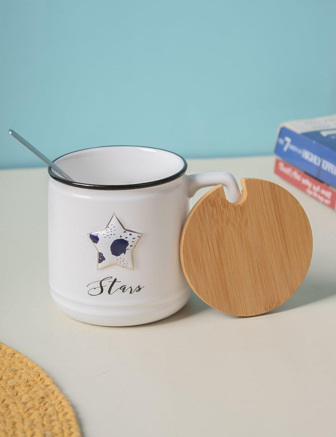 Star Ceramic Coffee Mug With Lid - 350 ml, Stirring Spoon