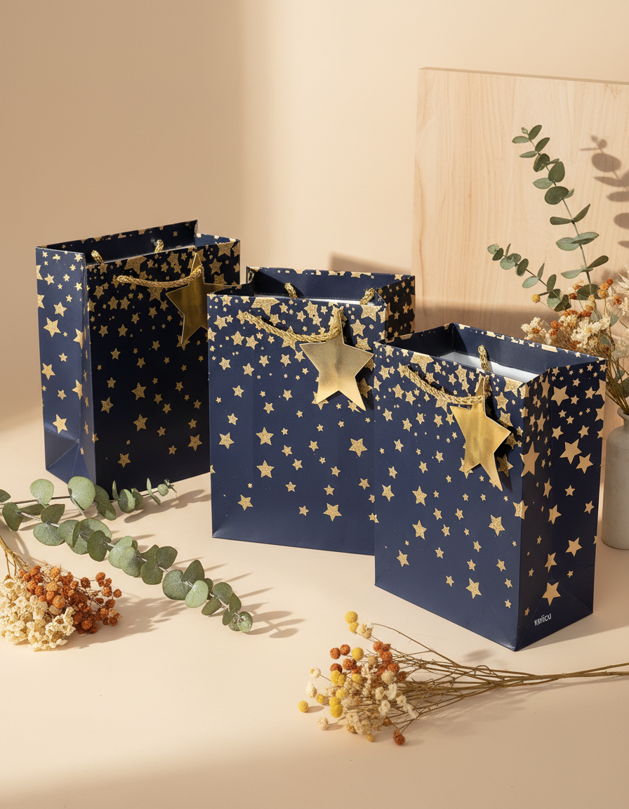 Starry Gift Bag, Large, Navy Blue, Paper, Set of 3