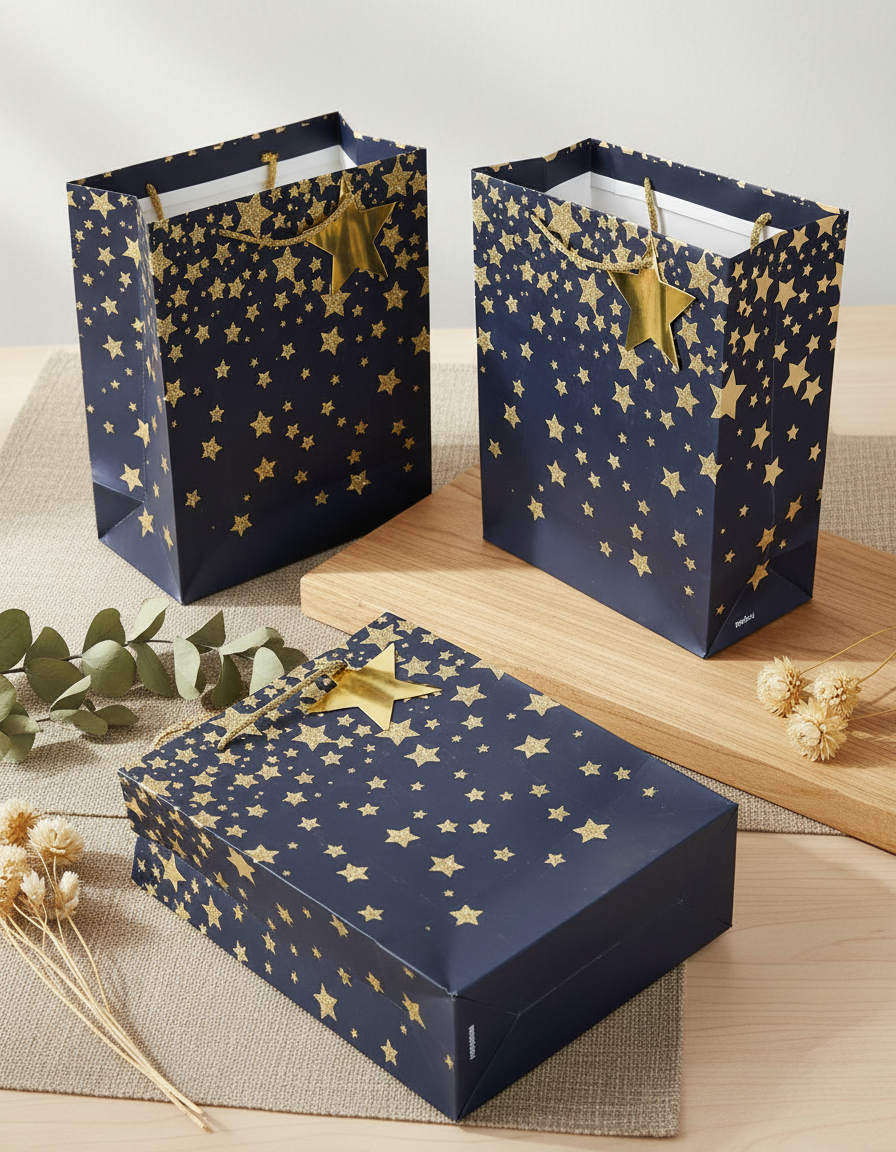 Starry Gift Bag, Medium, Navy Blue, Paper, Set of 3