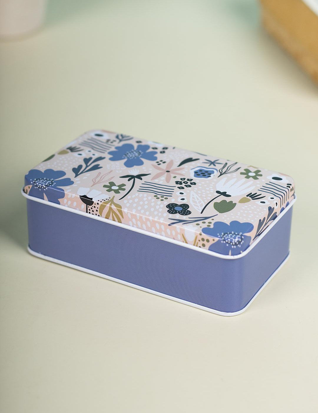 Storage Box, Flower Print, Off -White, Blue, Tin - MARKET 99