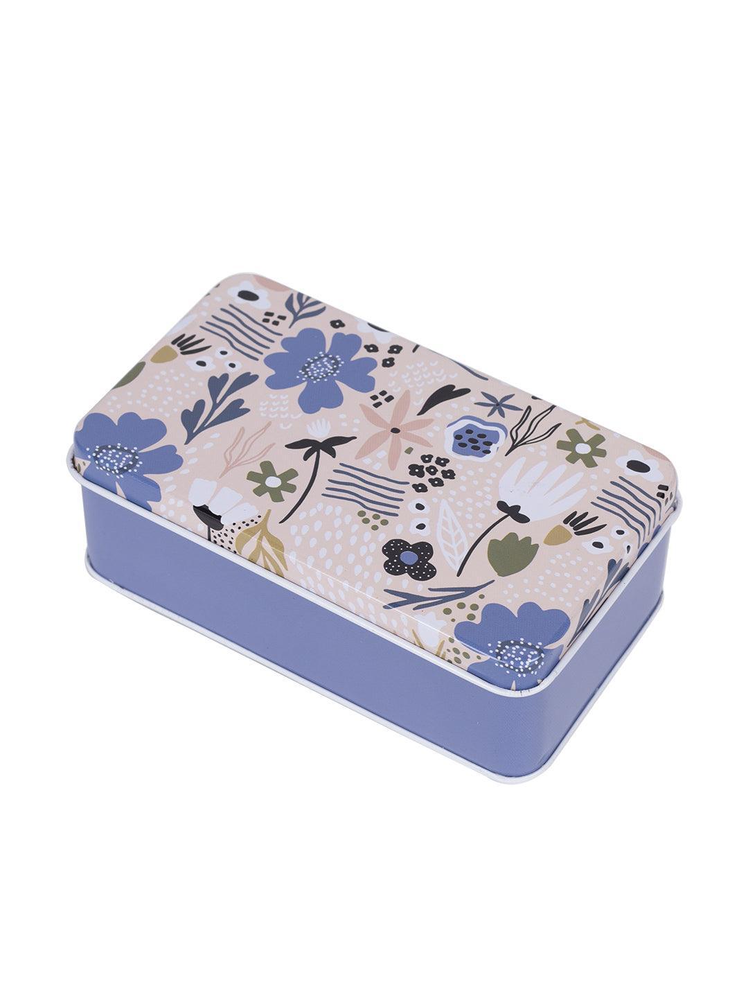 Storage Box, Flower Print, Off -White, Blue, Tin - MARKET 99