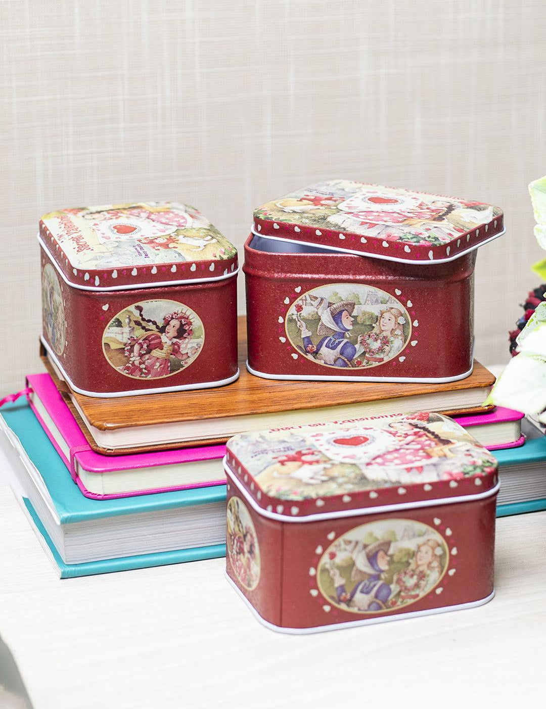Storage Box, for Home & Kitchen, Secret Valentine, Red, Tin, Set of 3 - MARKET 99