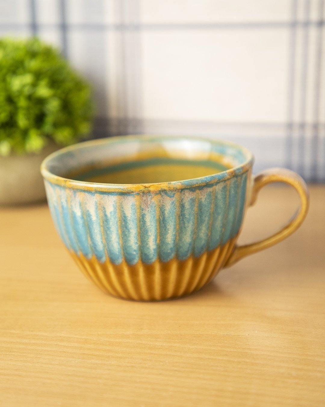 Studio Pottery Cappuccino Cup, Turquoise & Mustard, Ceramic, 400 mL - MARKET 99