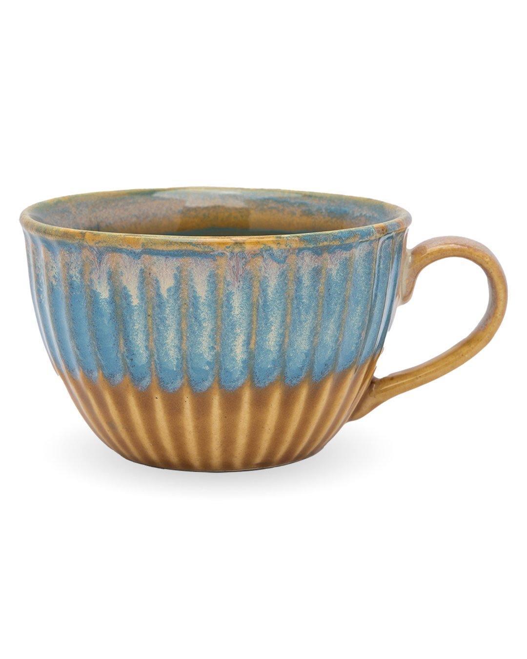 Studio Pottery Cappuccino Cup, Turquoise & Mustard, Ceramic, 400 mL - MARKET 99