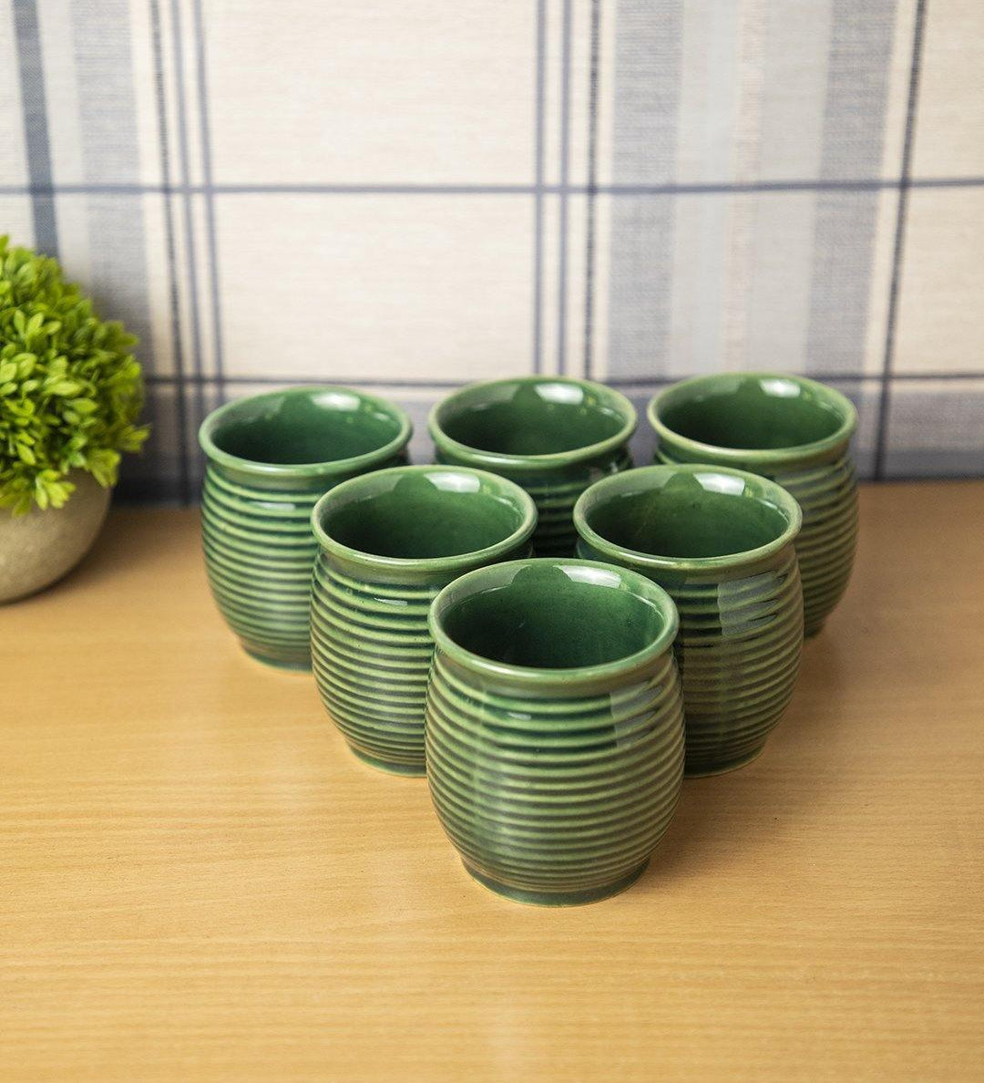 Studio Pottery Kulhad, Green, Ceramic, Set of 6, 200 mL - MARKET 99