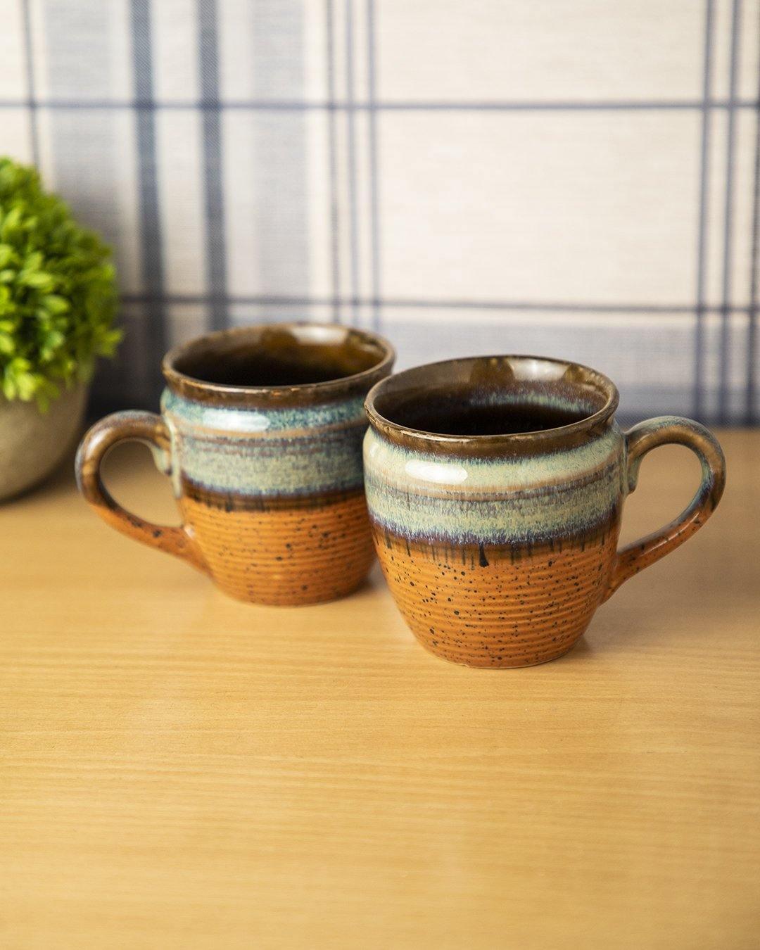 Studio Pottery Mug, Blue & Mustard, Ceramic, Set of 2, 200 mL - MARKET 99