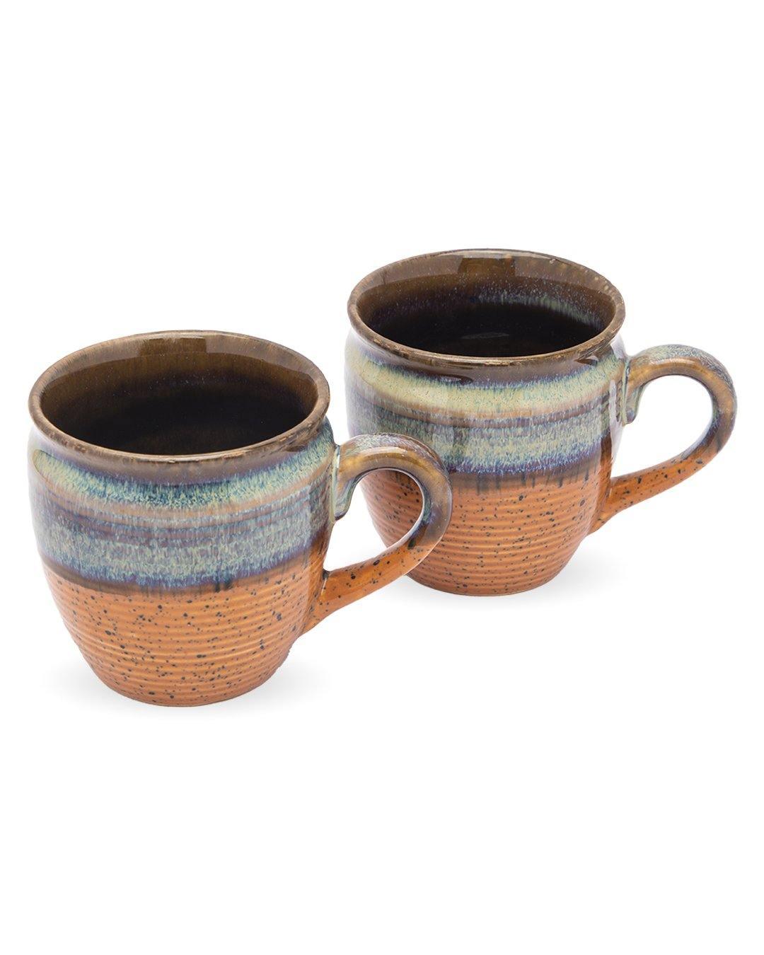 Studio Pottery Mug, Blue & Mustard, Ceramic, Set of 2, 200 mL - MARKET 99