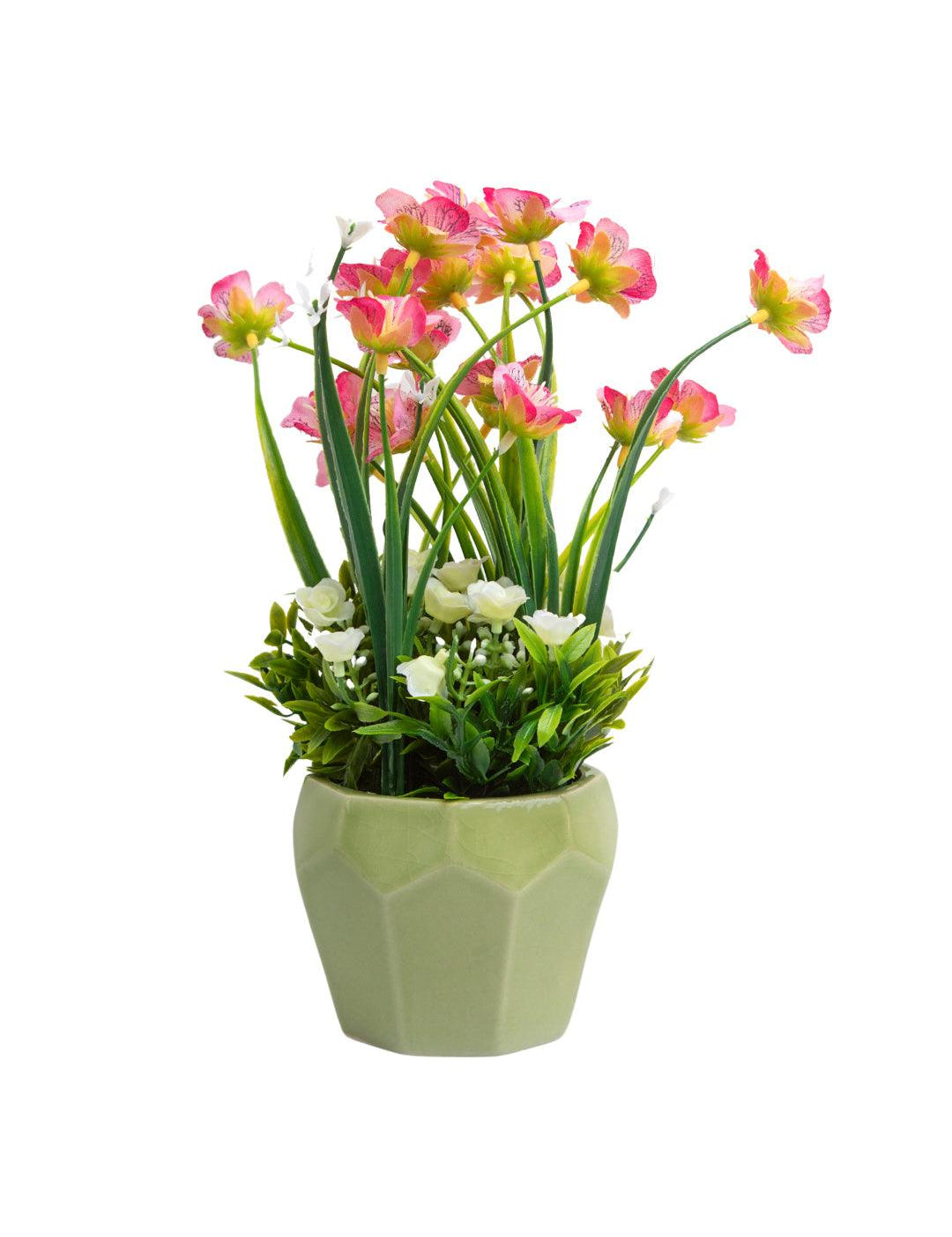 Stylish Pink & Green Artificial Flower With Pot - 10 X 10 X 22Cm - MARKET 99