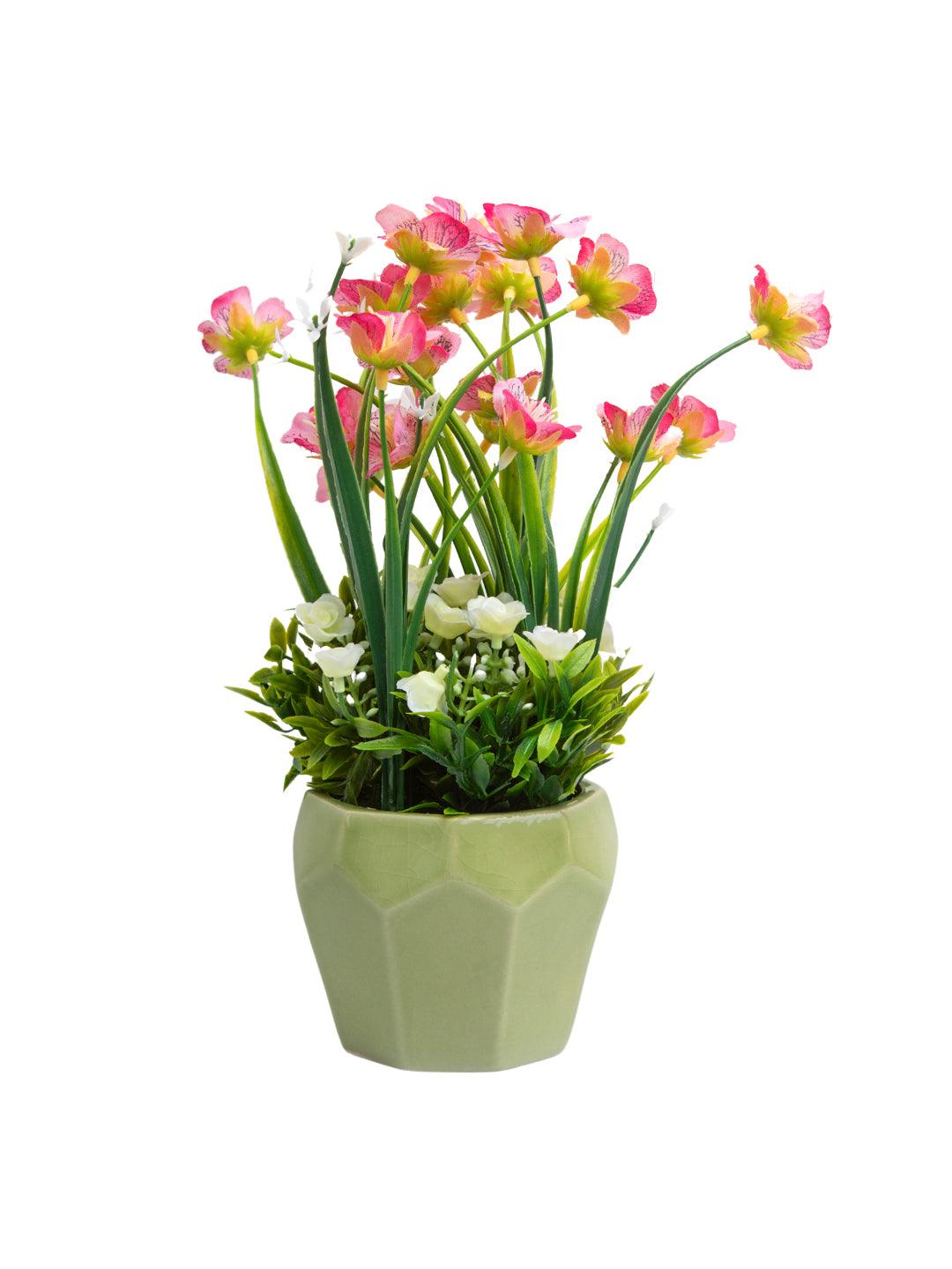 Stylish Pink & Green Artificial Flower With Pot - 10 X 10 X 22Cm - MARKET 99